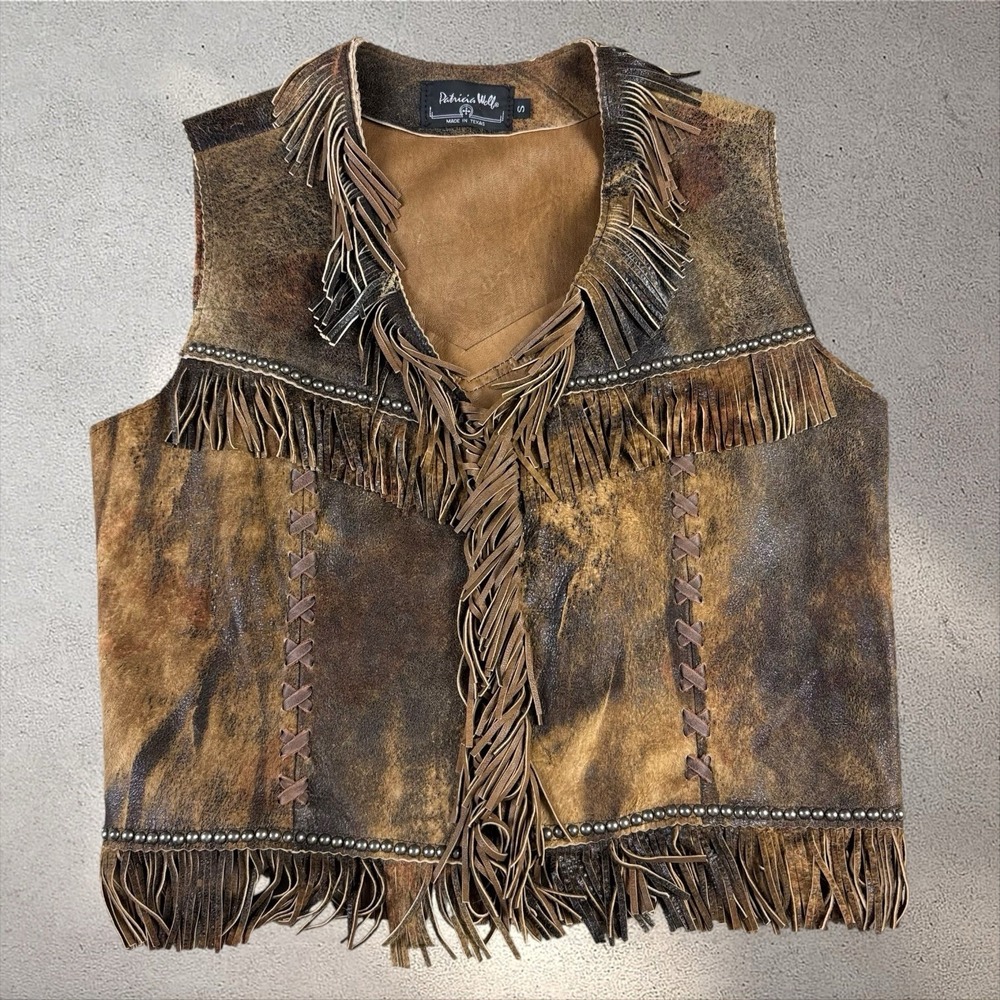 Patricia Wolf Lambskin Leather Fringe Beaded Western Vaquero Vest Size S